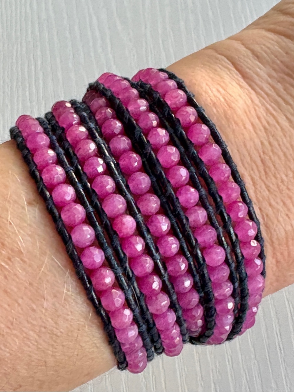Chan Luu Pink Beaded Leather 5 Wrap Bracelet Sterling Silver Boho